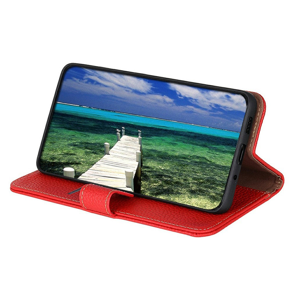 KHAZNEH For Xiaomi Redmi Note 15 Pro 4G (Global) Wallet Case Litchi Texture Genuine Cow Leather Flip Phone Cover - Red