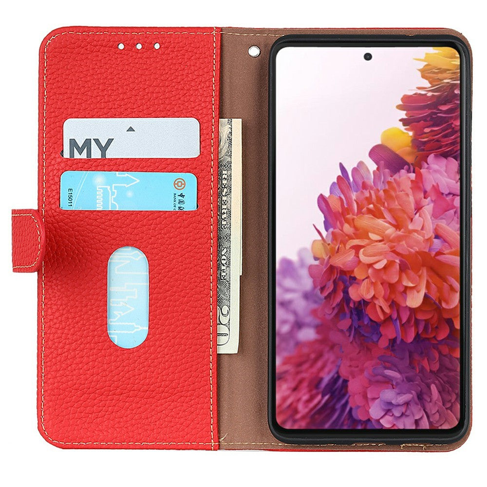 KHAZNEH For Xiaomi Redmi Note 15 Pro 4G (Global) Wallet Case Litchi Texture Genuine Cow Leather Flip Phone Cover - Red