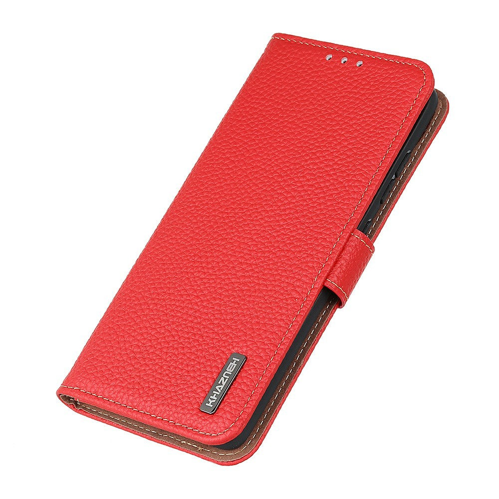 KHAZNEH For Xiaomi Redmi Note 15 Pro 4G (Global) Wallet Case Litchi Texture Genuine Cow Leather Flip Phone Cover - Red