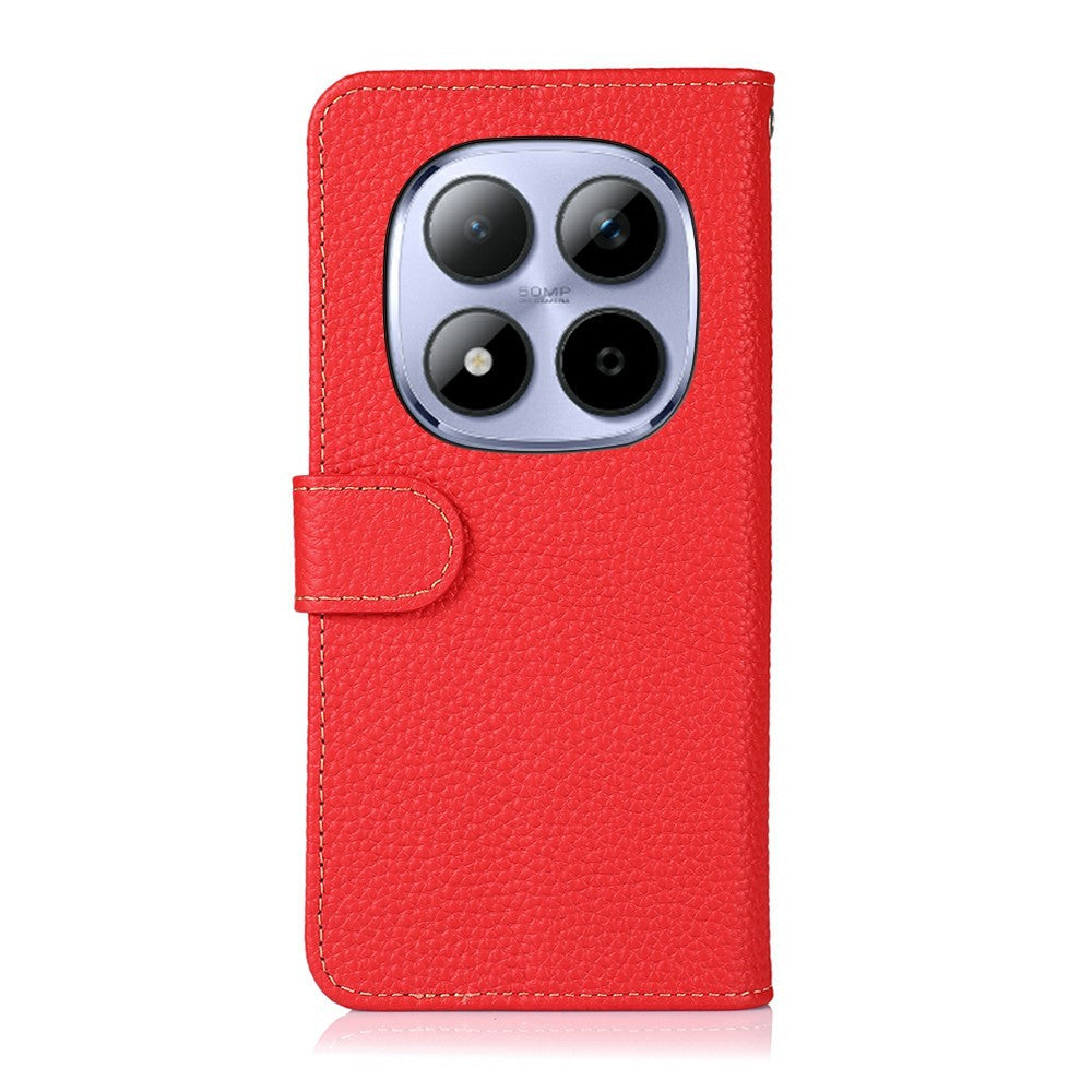 KHAZNEH For Xiaomi Redmi Note 15 Pro 4G (Global) Wallet Case Litchi Texture Genuine Cow Leather Flip Phone Cover - Red