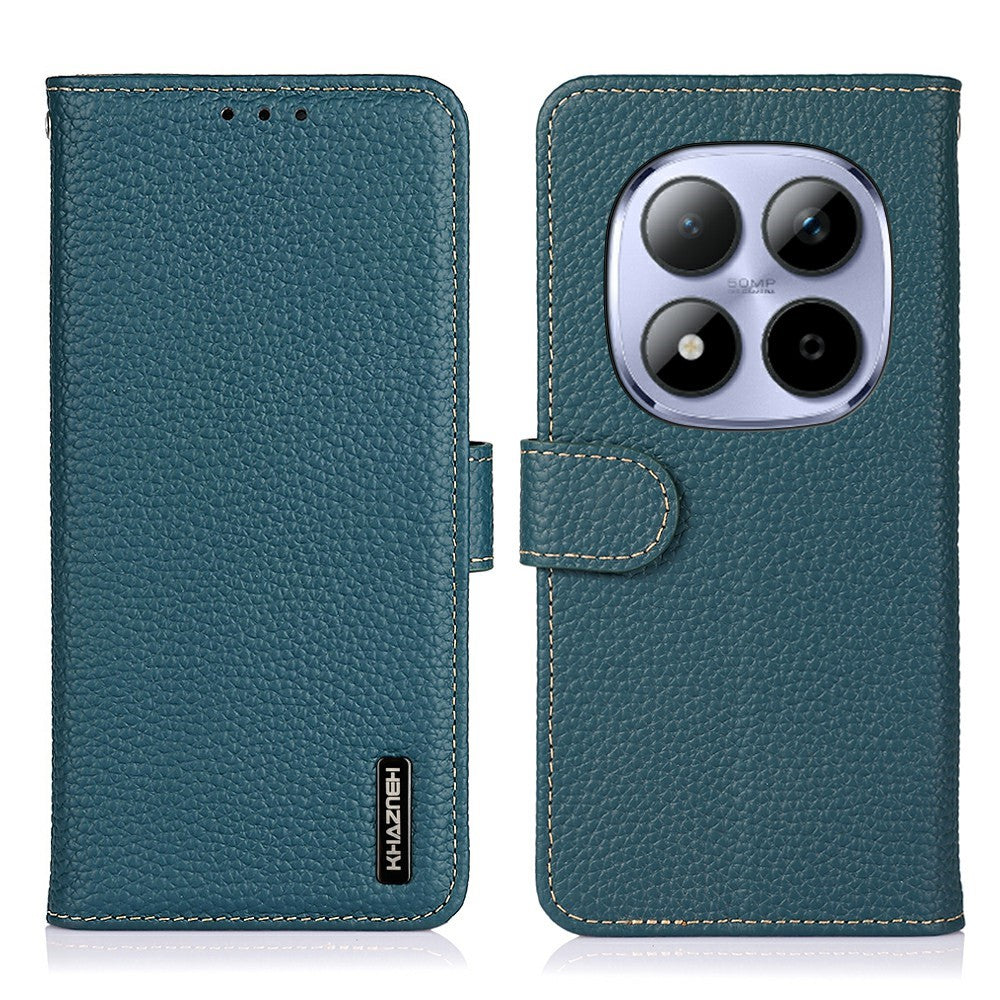 KHAZNEH For Xiaomi Redmi Note 15 Pro 4G (Global) Wallet Case Litchi Texture Genuine Cow Leather Flip Phone Cover - Green