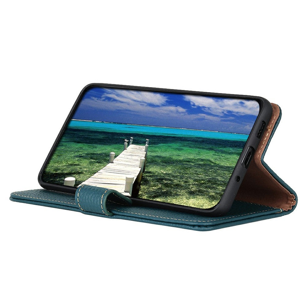 KHAZNEH For Xiaomi Redmi Note 15 Pro 4G (Global) Wallet Case Litchi Texture Genuine Cow Leather Flip Phone Cover - Green