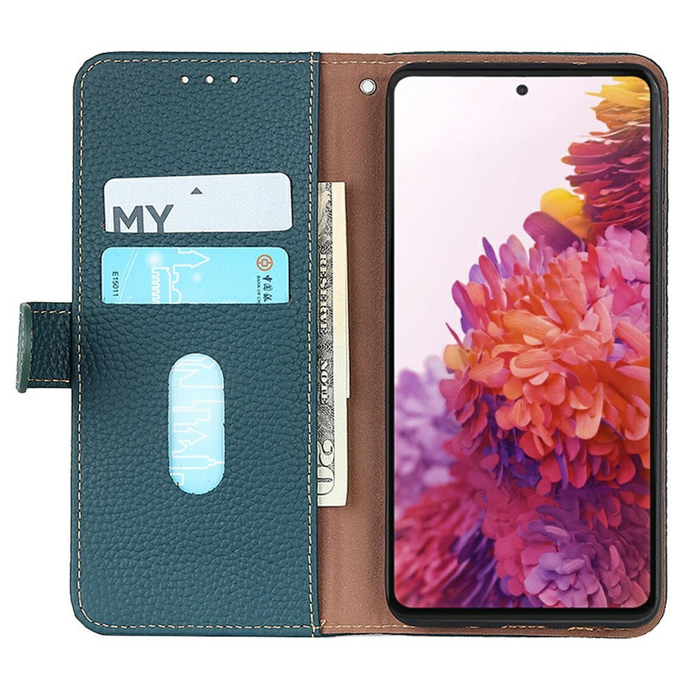 KHAZNEH For Xiaomi Redmi Note 15 Pro 4G (Global) Wallet Case Litchi Texture Genuine Cow Leather Flip Phone Cover - Green