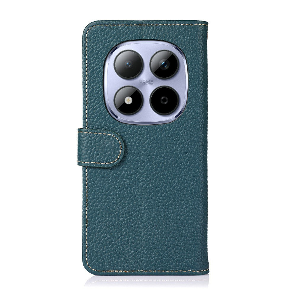KHAZNEH For Xiaomi Redmi Note 15 Pro 4G (Global) Wallet Case Litchi Texture Genuine Cow Leather Flip Phone Cover - Green