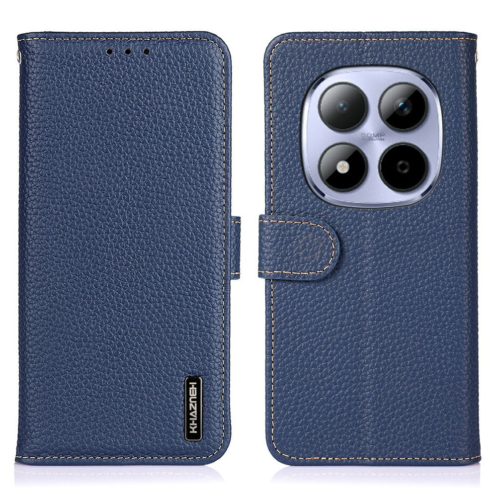 KHAZNEH For Xiaomi Redmi Note 15 Pro 4G (Global) Wallet Case Litchi Texture Genuine Cow Leather Flip Phone Cover - Blue