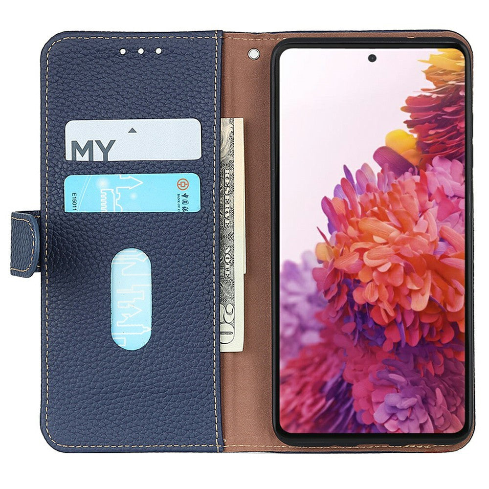KHAZNEH For Xiaomi Redmi Note 15 Pro 4G (Global) Wallet Case Litchi Texture Genuine Cow Leather Flip Phone Cover - Blue