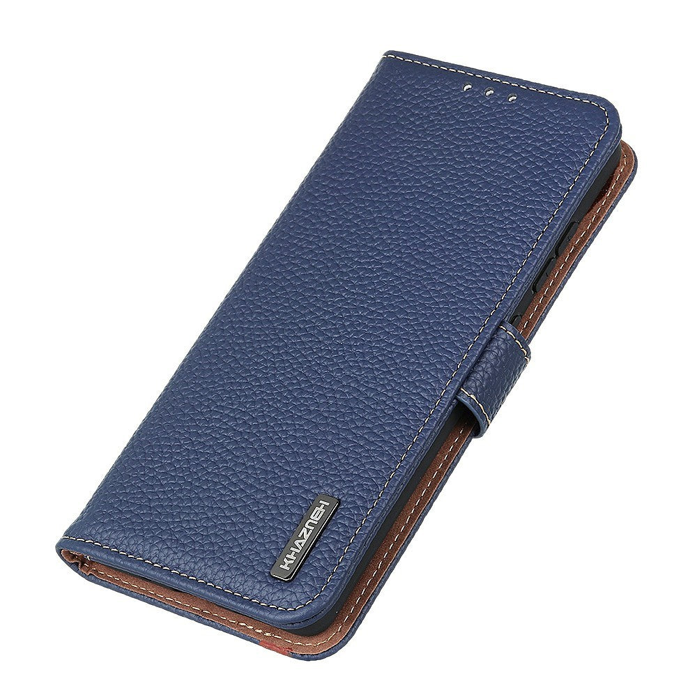 KHAZNEH For Xiaomi Redmi Note 15 Pro 4G (Global) Wallet Case Litchi Texture Genuine Cow Leather Flip Phone Cover - Blue