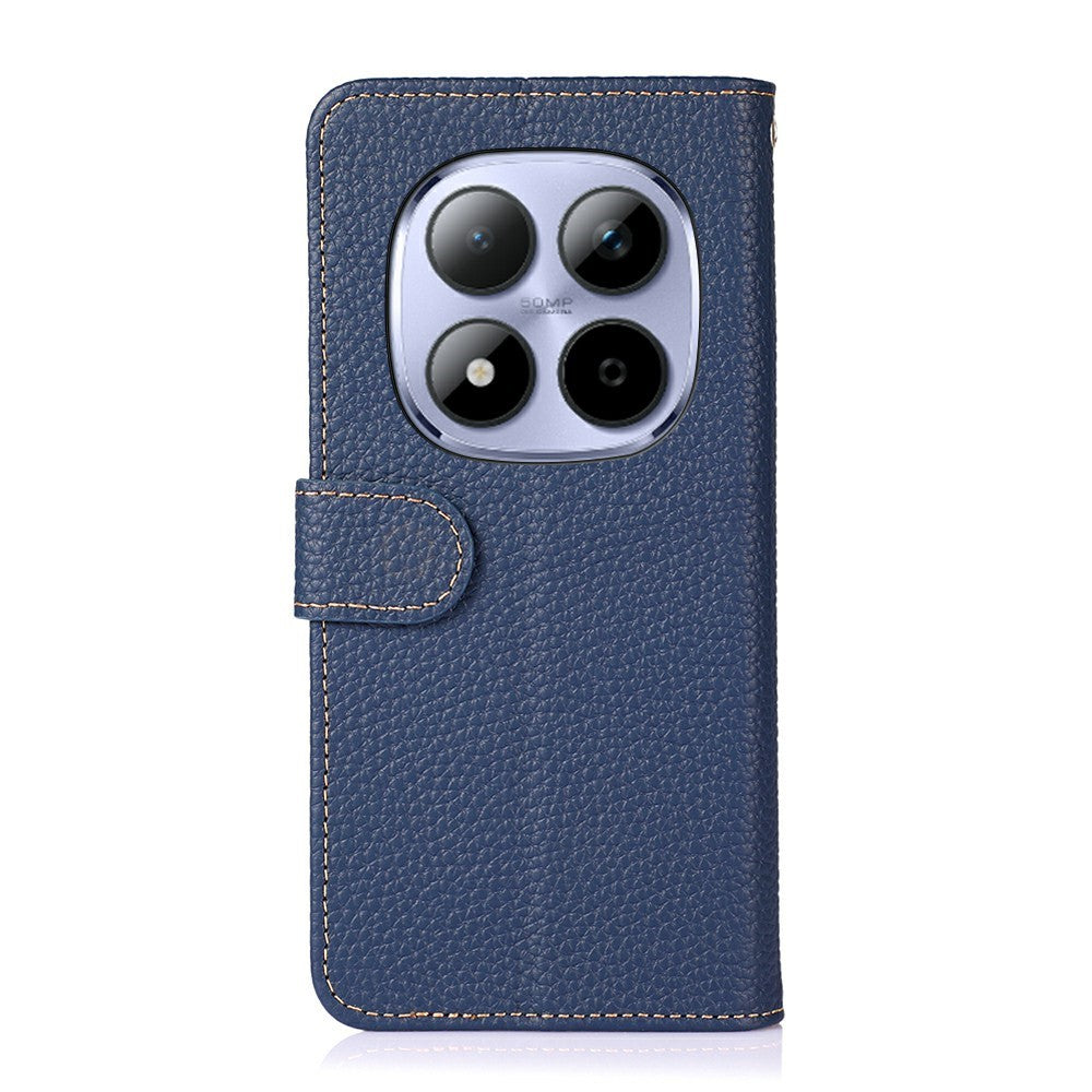 KHAZNEH For Xiaomi Redmi Note 15 Pro 4G (Global) Wallet Case Litchi Texture Genuine Cow Leather Flip Phone Cover - Blue