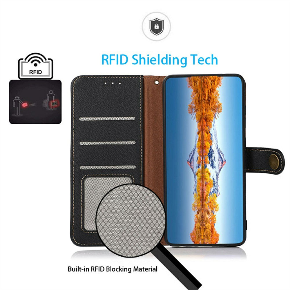 KHAZNEH for Xiaomi Redmi Note 15 Pro 4G (Global) Case Genuine Cow Leather RFID Blocking Wallet Phone Cover - Black