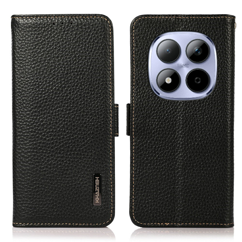 KHAZNEH for Xiaomi Redmi Note 15 Pro 4G (Global) Phone Case Litchi Texture Genuine Cow Leather Cover RFID Blocking - Black