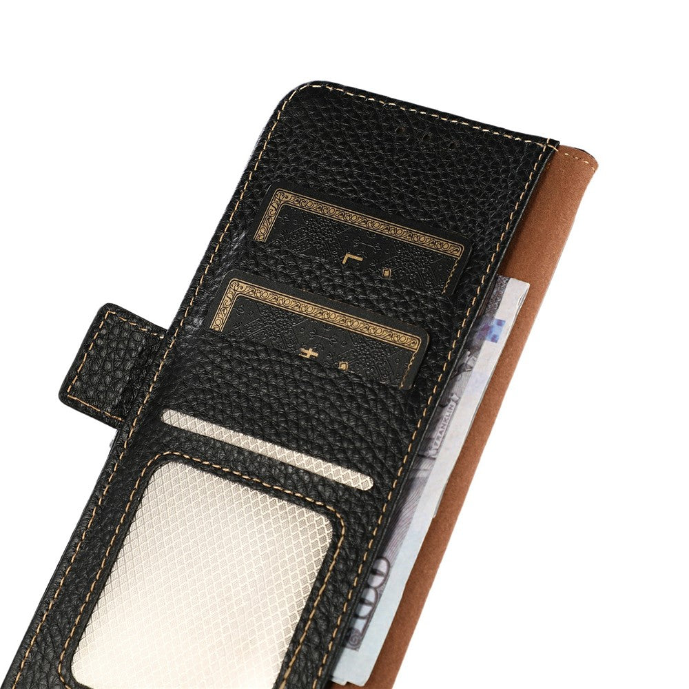 KHAZNEH for Xiaomi Redmi Note 15 Pro 4G (Global) Phone Case Litchi Texture Genuine Cow Leather Cover RFID Blocking - Black