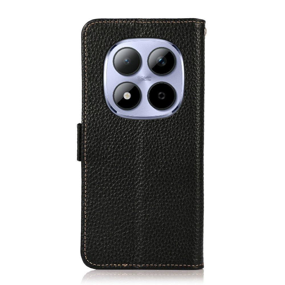 KHAZNEH for Xiaomi Redmi Note 15 Pro 4G (Global) Phone Case Litchi Texture Genuine Cow Leather Cover RFID Blocking - Black