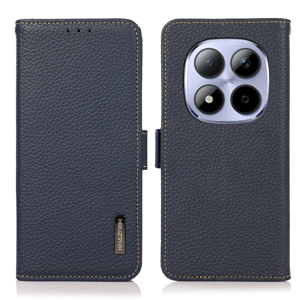 KHAZNEH for Xiaomi Redmi Note 15 Pro 4G (Global) Phone Case Litchi Texture Genuine Cow Leather Cover RFID Blocking - Blue