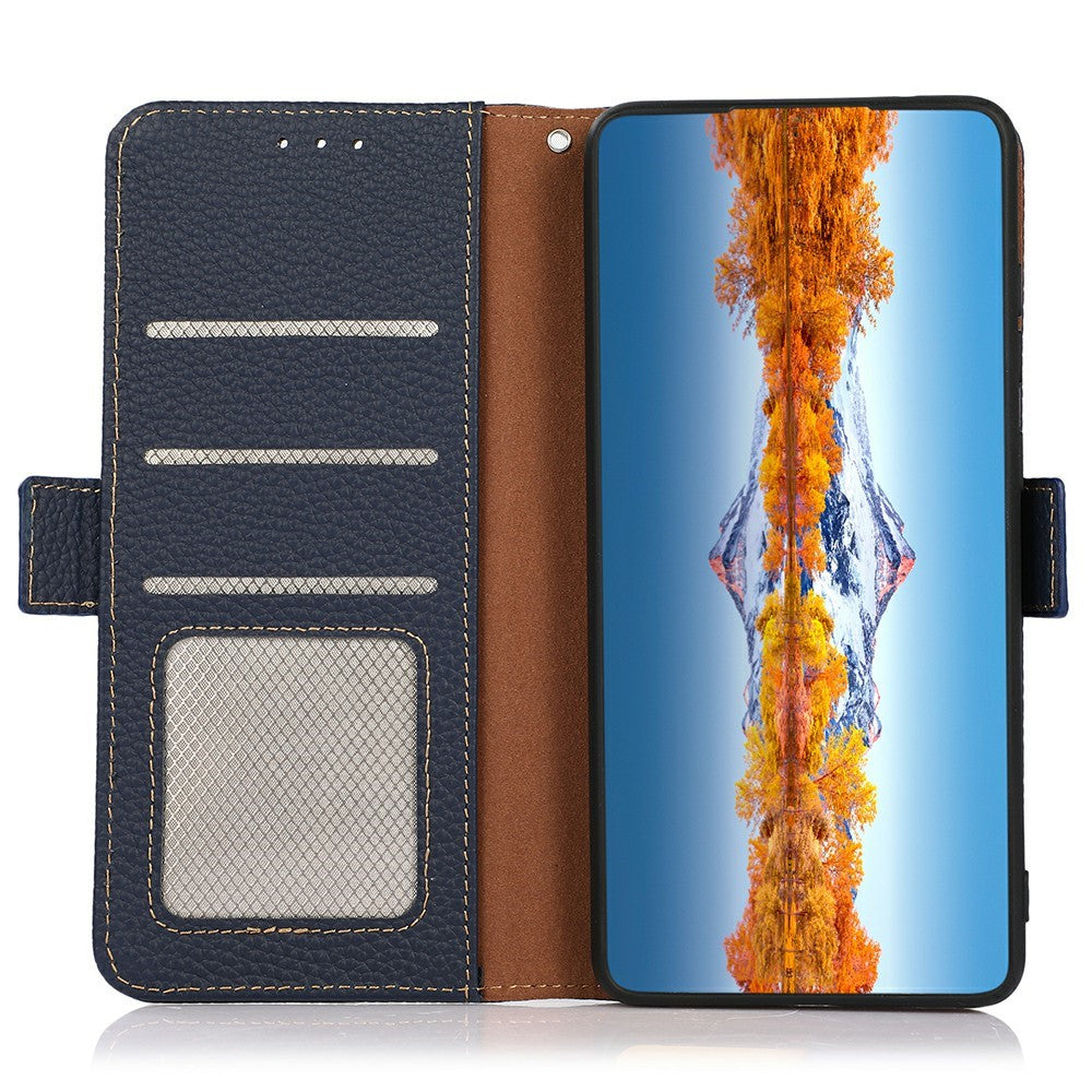 KHAZNEH for Xiaomi Redmi Note 15 Pro 4G (Global) Phone Case Litchi Texture Genuine Cow Leather Cover RFID Blocking - Blue