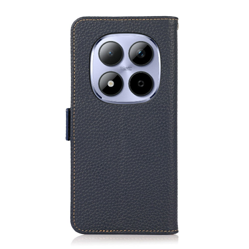 KHAZNEH for Xiaomi Redmi Note 15 Pro 4G (Global) Phone Case Litchi Texture Genuine Cow Leather Cover RFID Blocking - Blue