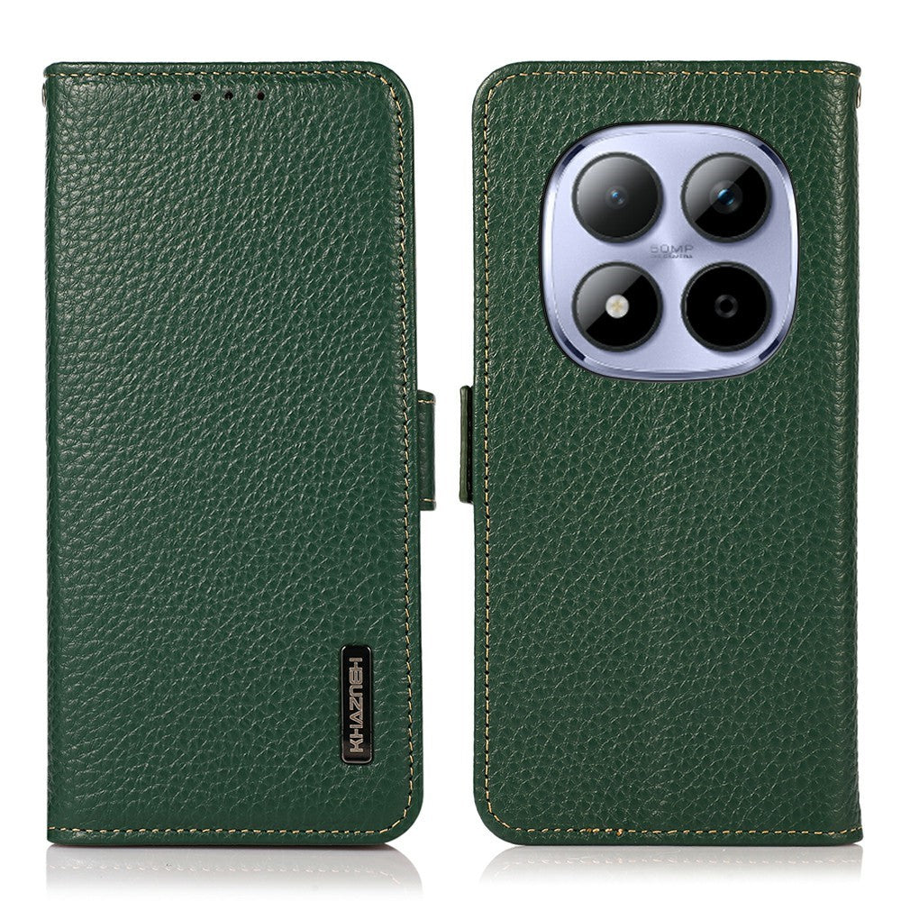 KHAZNEH for Xiaomi Redmi Note 15 Pro 4G (Global) Phone Case Litchi Texture Genuine Cow Leather Cover RFID Blocking - Green