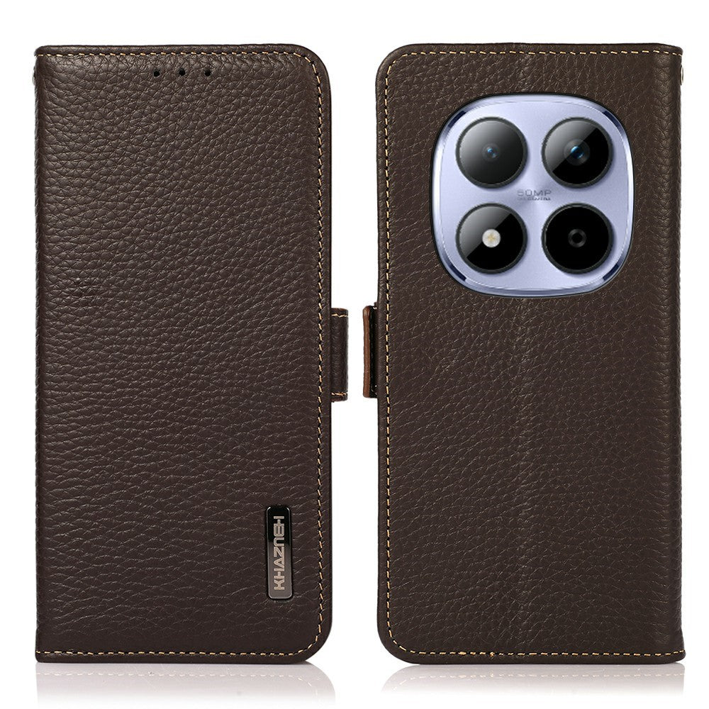 KHAZNEH for Xiaomi Redmi Note 15 Pro 4G (Global) Phone Case Litchi Texture Genuine Cow Leather Cover RFID Blocking - Brown