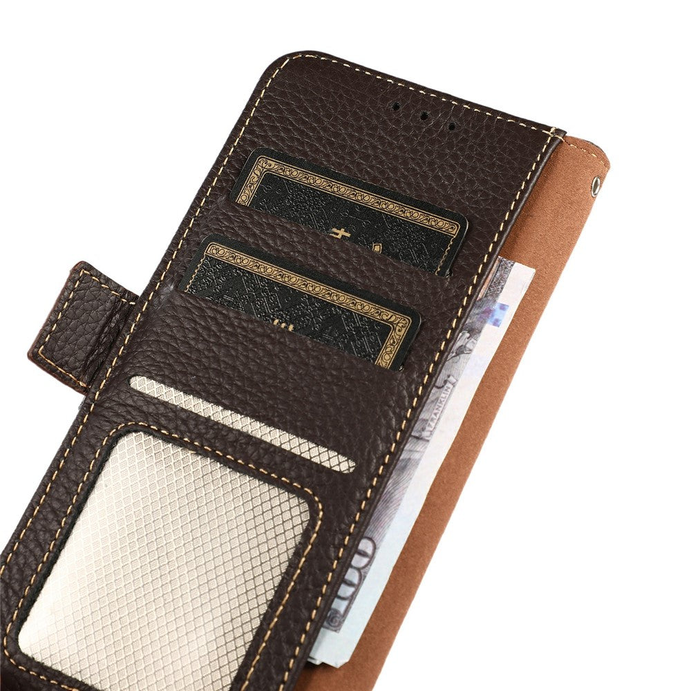 KHAZNEH for Xiaomi Redmi Note 15 Pro 4G (Global) Phone Case Litchi Texture Genuine Cow Leather Cover RFID Blocking - Brown