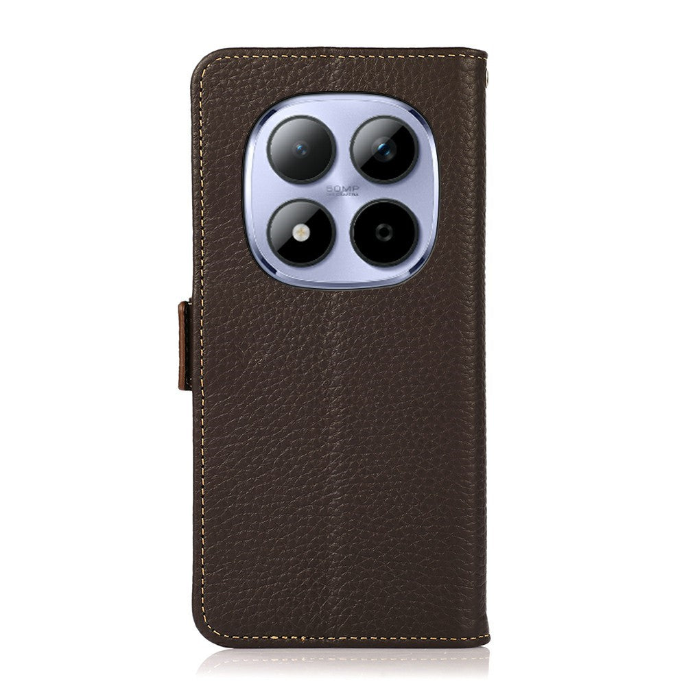 KHAZNEH for Xiaomi Redmi Note 15 Pro 4G (Global) Phone Case Litchi Texture Genuine Cow Leather Cover RFID Blocking - Brown