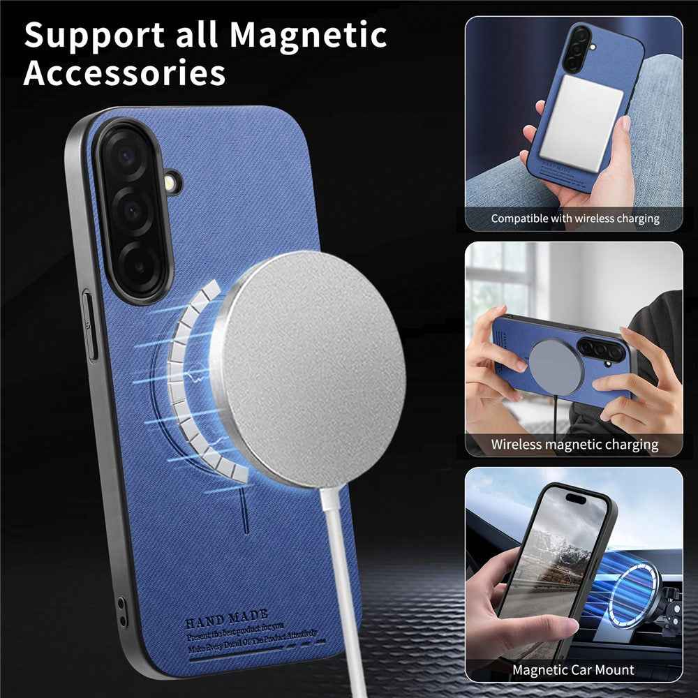 For Samsung Galaxy A57 5G Magnetic Case Cloth Texture PC + TPU + PU Leather Anti-Scratch Phone Cover - Blue