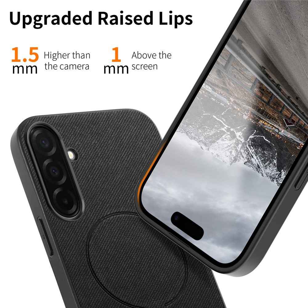 For Samsung Galaxy A57 5G Magnetic Case Cloth Texture PC + TPU + PU Leather Anti-Scratch Phone Cover - Black