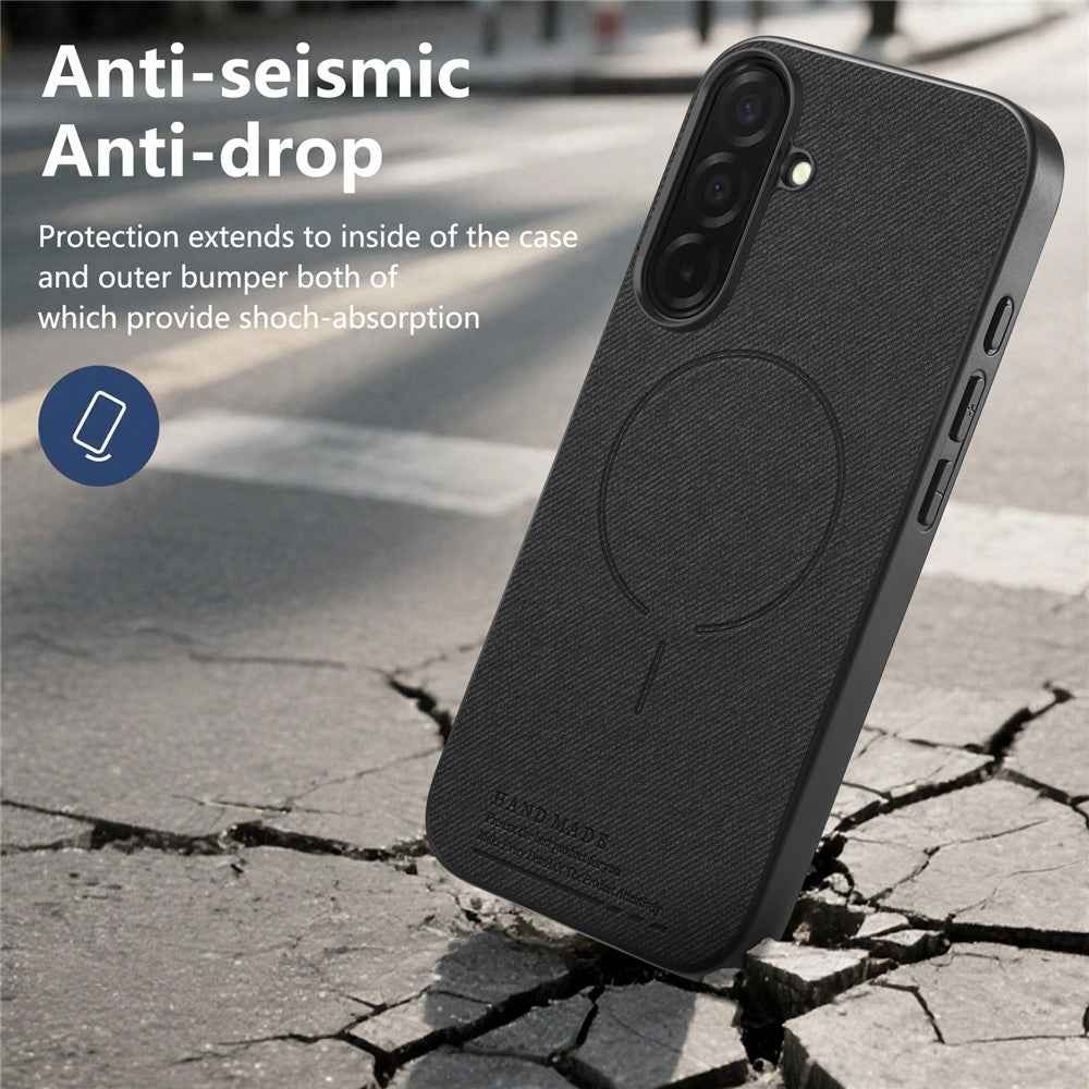 For Samsung Galaxy A57 5G Magnetic Case Cloth Texture PC + TPU + PU Leather Anti-Scratch Phone Cover - Black