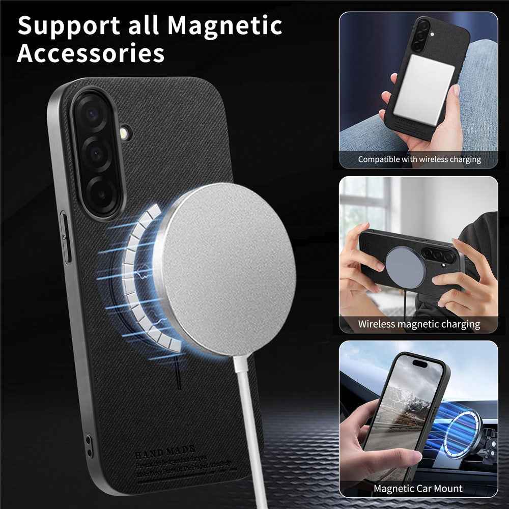 For Samsung Galaxy A57 5G Magnetic Case Cloth Texture PC + TPU + PU Leather Anti-Scratch Phone Cover - Black