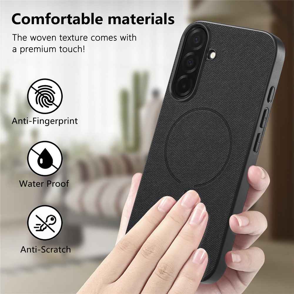 For Samsung Galaxy A57 5G Magnetic Case Cloth Texture PC + TPU + PU Leather Anti-Scratch Phone Cover - Black