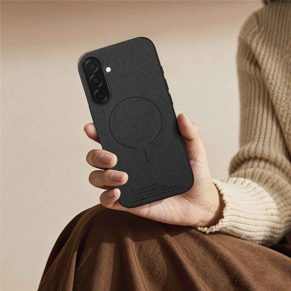 For Samsung Galaxy A57 5G Magnetic Case Cloth Texture PC + TPU + PU Leather Anti-Scratch Phone Cover - Black