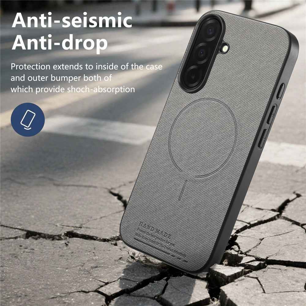 For Samsung Galaxy A57 5G Magnetic Case Cloth Texture PC + TPU + PU Leather Anti-Scratch Phone Cover - Grey