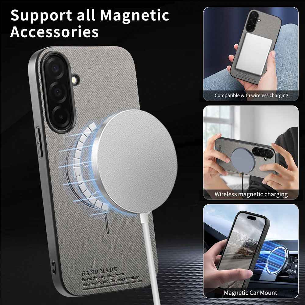 For Samsung Galaxy A57 5G Magnetic Case Cloth Texture PC + TPU + PU Leather Anti-Scratch Phone Cover - Grey