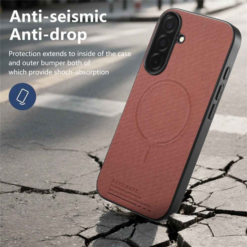 For Samsung Galaxy A57 5G Magnetic Case Cloth Texture PC + TPU + PU Leather Anti-Scratch Phone Cover - Brownish Red