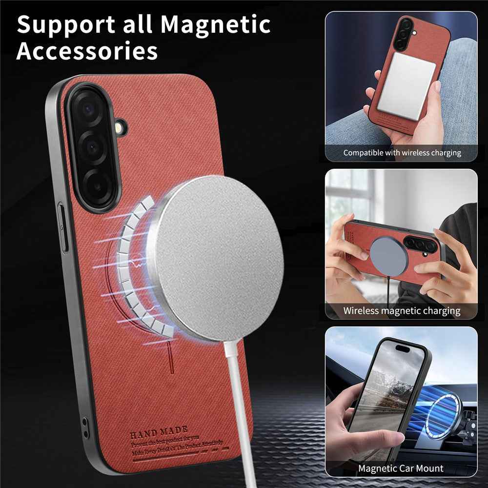For Samsung Galaxy A57 5G Magnetic Case Cloth Texture PC + TPU + PU Leather Anti-Scratch Phone Cover - Brownish Red