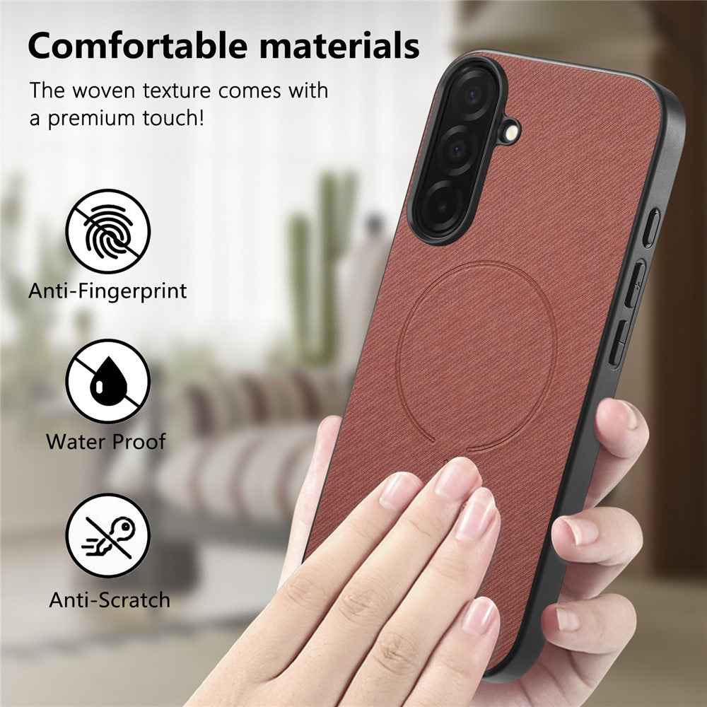 For Samsung Galaxy A57 5G Magnetic Case Cloth Texture PC + TPU + PU Leather Anti-Scratch Phone Cover - Brownish Red