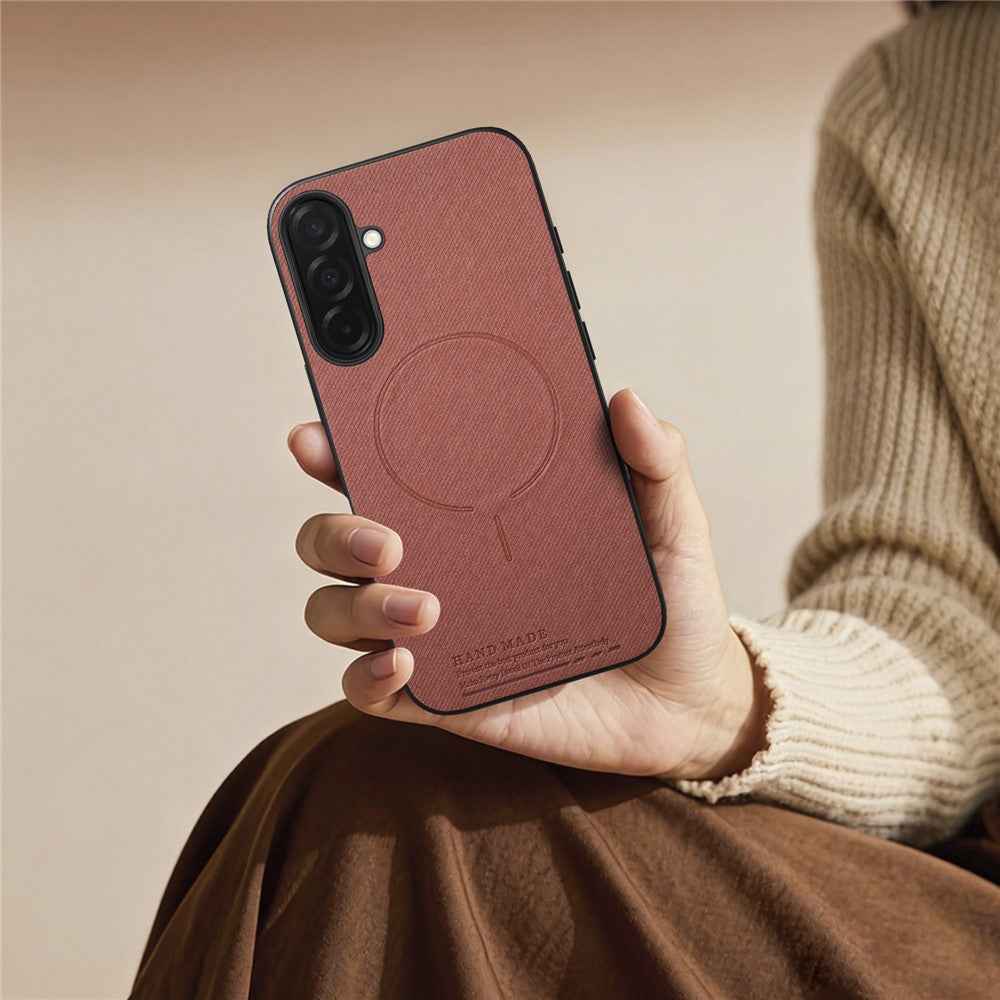 For Samsung Galaxy A57 5G Magnetic Case Cloth Texture PC + TPU + PU Leather Anti-Scratch Phone Cover - Brownish Red