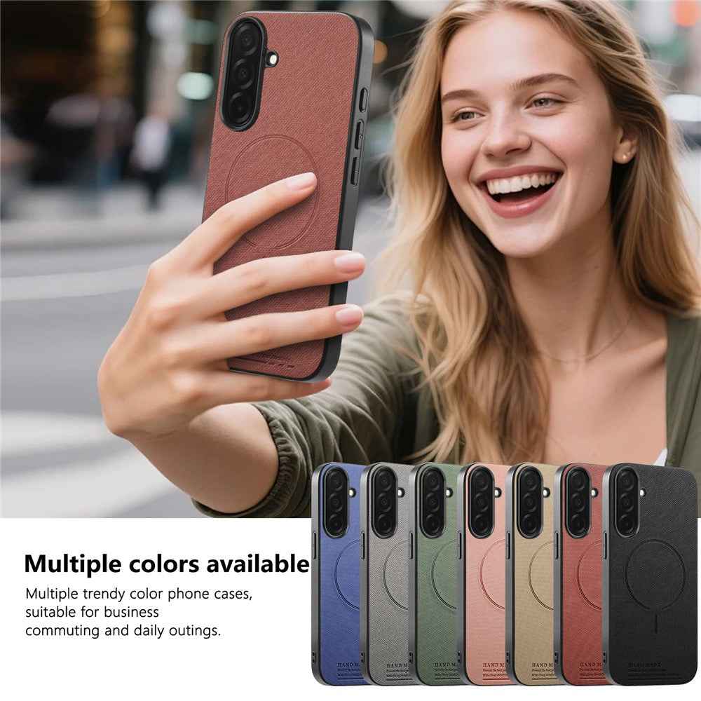 For Samsung Galaxy A57 5G Magnetic Case Cloth Texture PC + TPU + PU Leather Anti-Scratch Phone Cover - Brownish Red