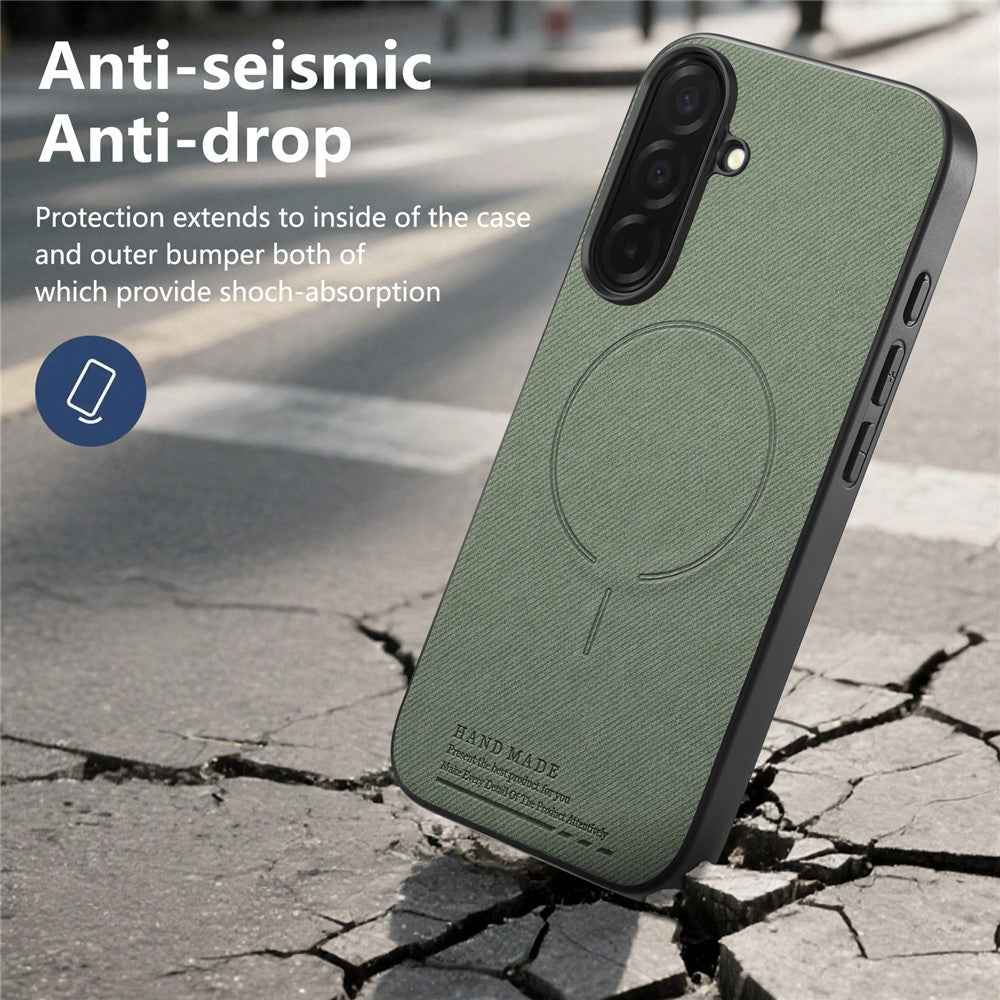 For Samsung Galaxy A57 5G Magnetic Case Cloth Texture PC + TPU + PU Leather Anti-Scratch Phone Cover - Green