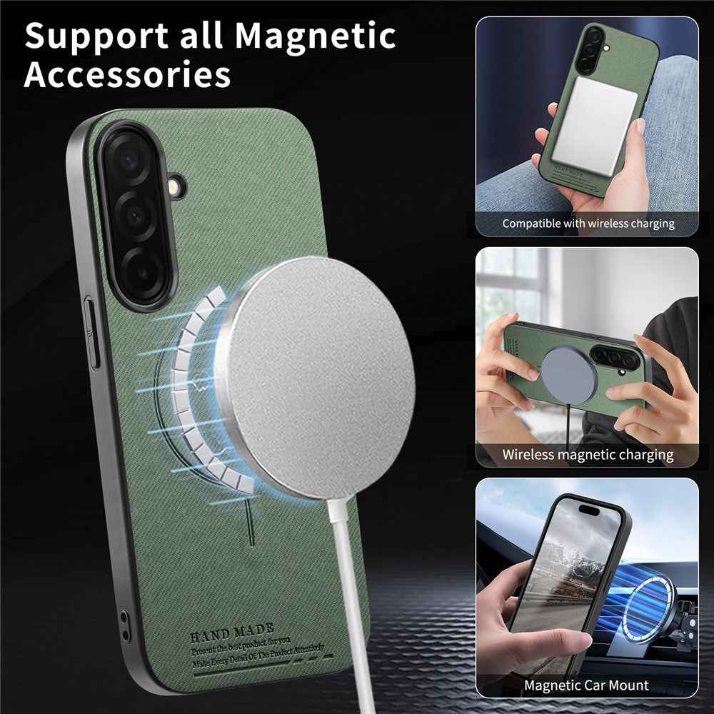 For Samsung Galaxy A57 5G Magnetic Case Cloth Texture PC + TPU + PU Leather Anti-Scratch Phone Cover - Green