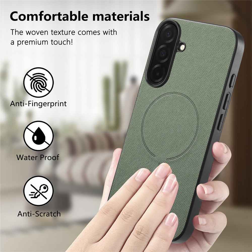 For Samsung Galaxy A57 5G Magnetic Case Cloth Texture PC + TPU + PU Leather Anti-Scratch Phone Cover - Green