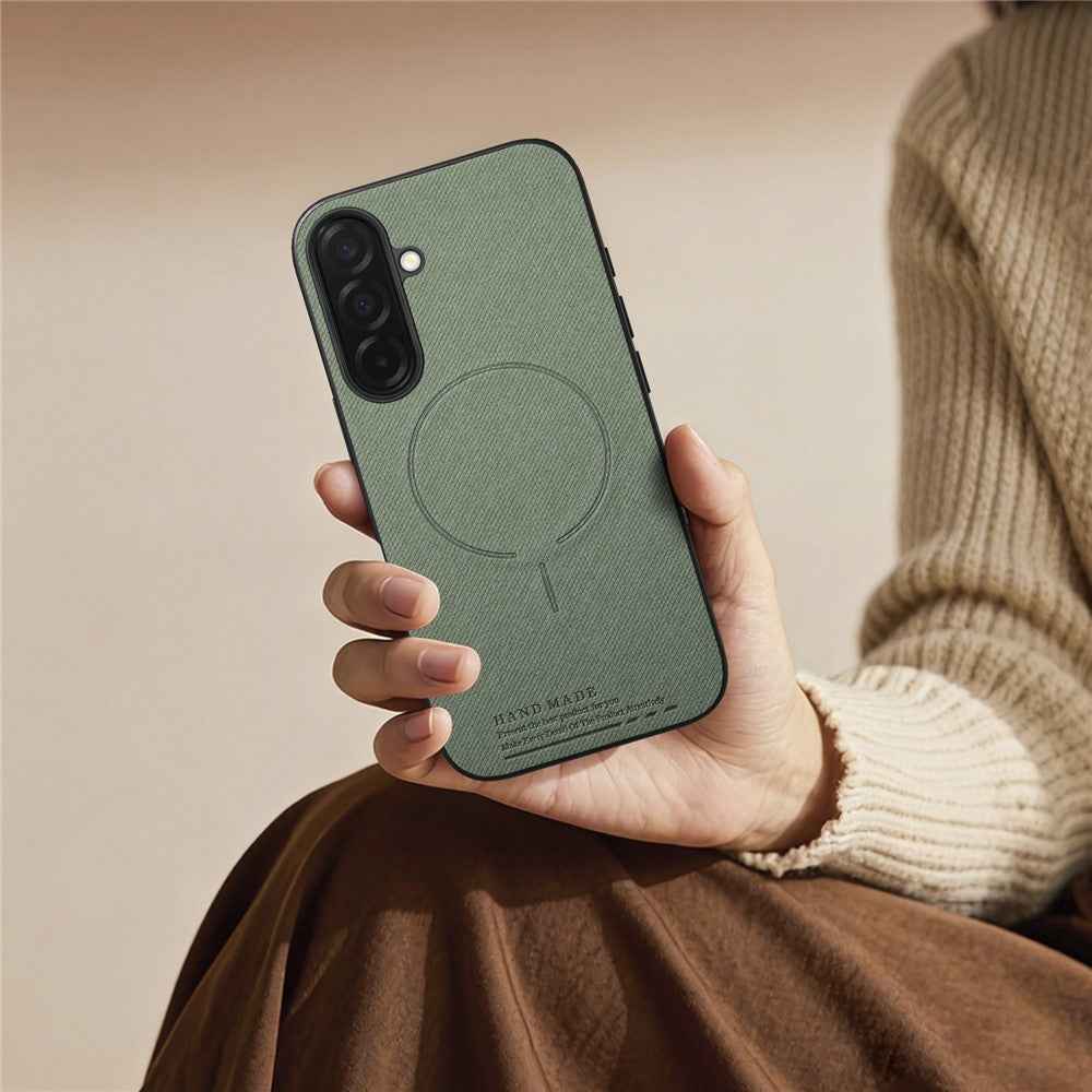 For Samsung Galaxy A57 5G Magnetic Case Cloth Texture PC + TPU + PU Leather Anti-Scratch Phone Cover - Green