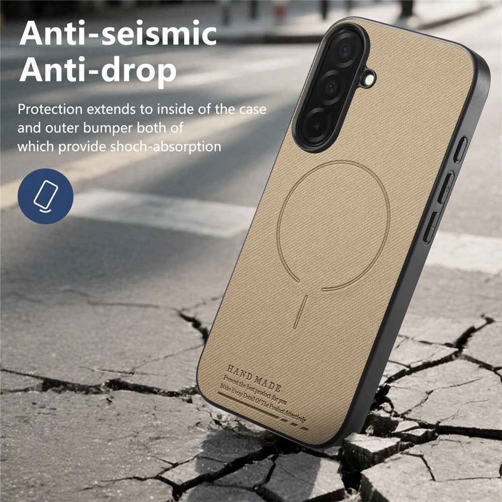 For Samsung Galaxy A57 5G Magnetic Case Cloth Texture PC + TPU + PU Leather Anti-Scratch Phone Cover - Khaki