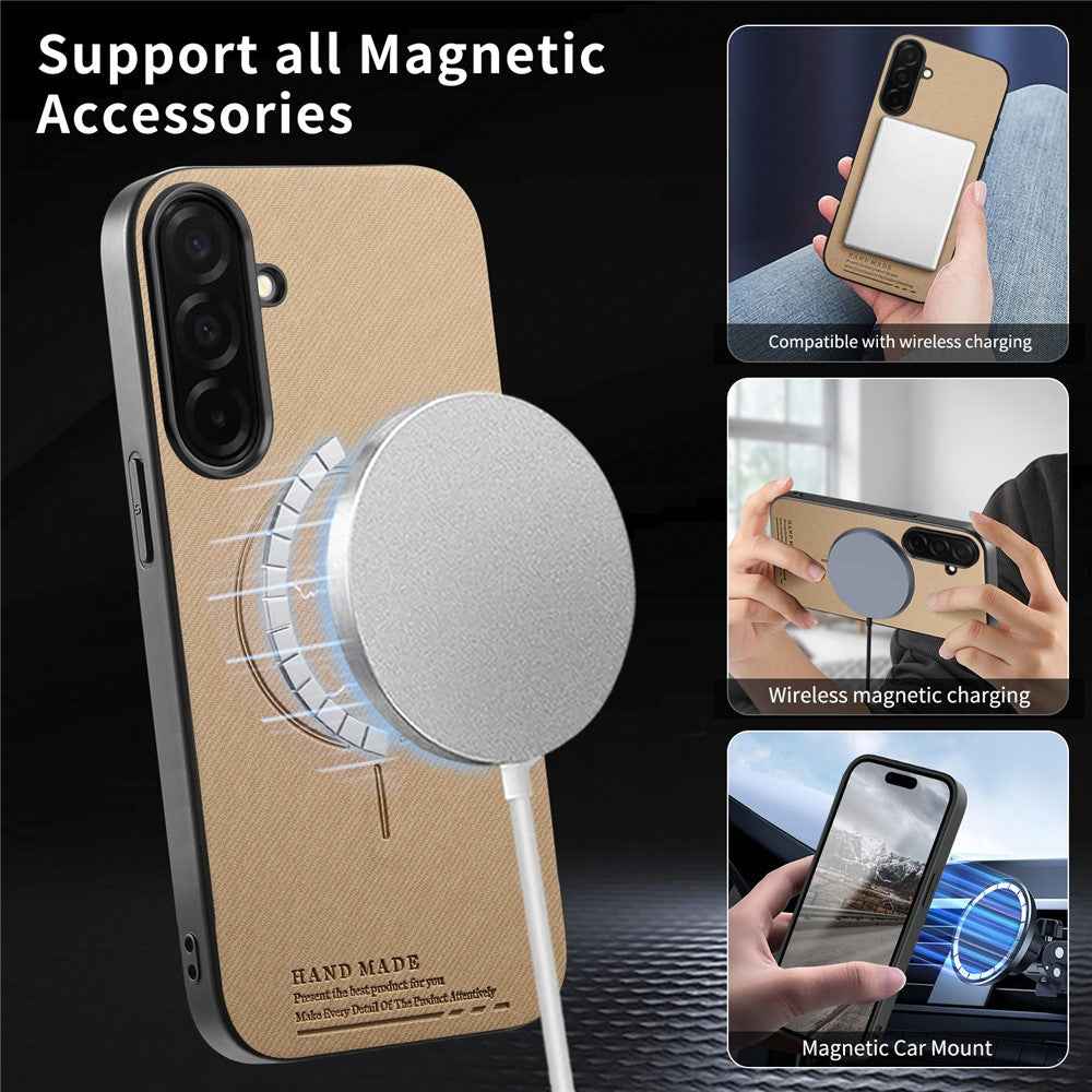 For Samsung Galaxy A57 5G Magnetic Case Cloth Texture PC + TPU + PU Leather Anti-Scratch Phone Cover - Khaki