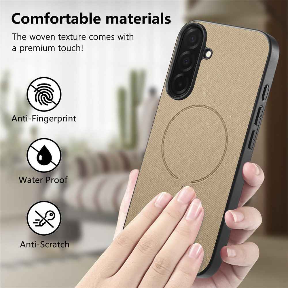 For Samsung Galaxy A57 5G Magnetic Case Cloth Texture PC + TPU + PU Leather Anti-Scratch Phone Cover - Khaki