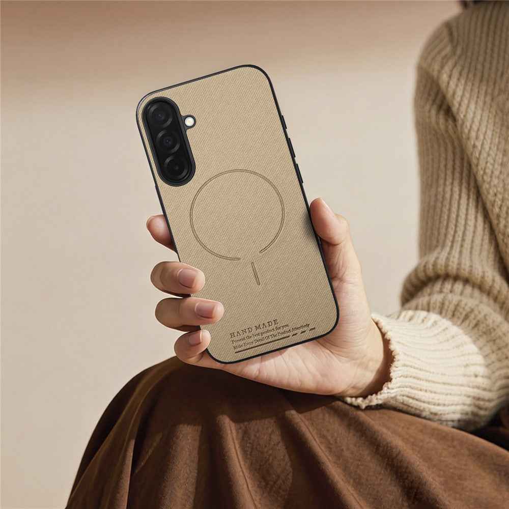 For Samsung Galaxy A57 5G Magnetic Case Cloth Texture PC + TPU + PU Leather Anti-Scratch Phone Cover - Khaki