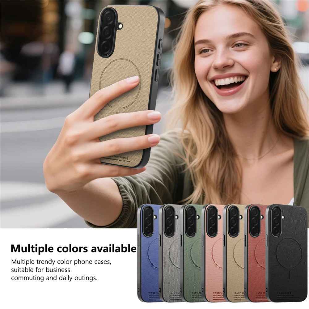 For Samsung Galaxy A57 5G Magnetic Case Cloth Texture PC + TPU + PU Leather Anti-Scratch Phone Cover - Khaki