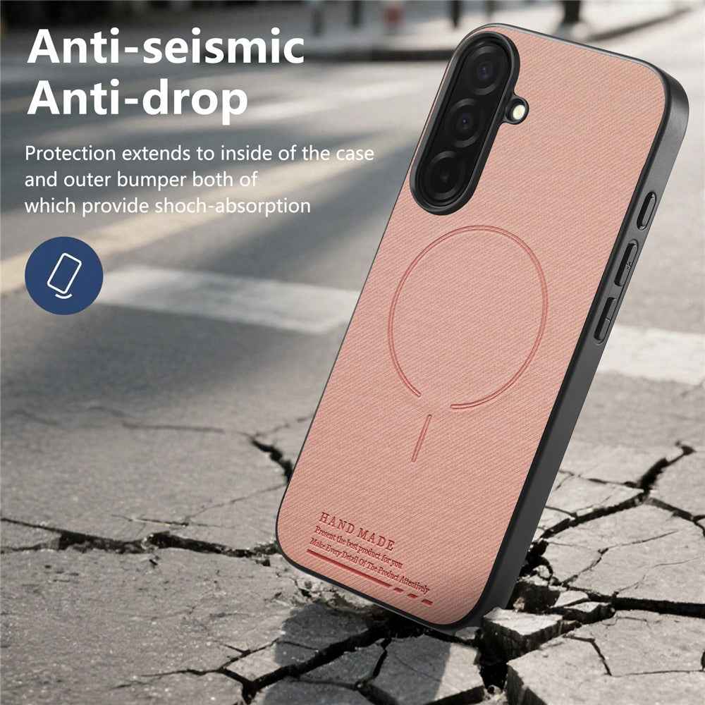 For Samsung Galaxy A57 5G Magnetic Case Cloth Texture PC + TPU + PU Leather Anti-Scratch Phone Cover - Pink