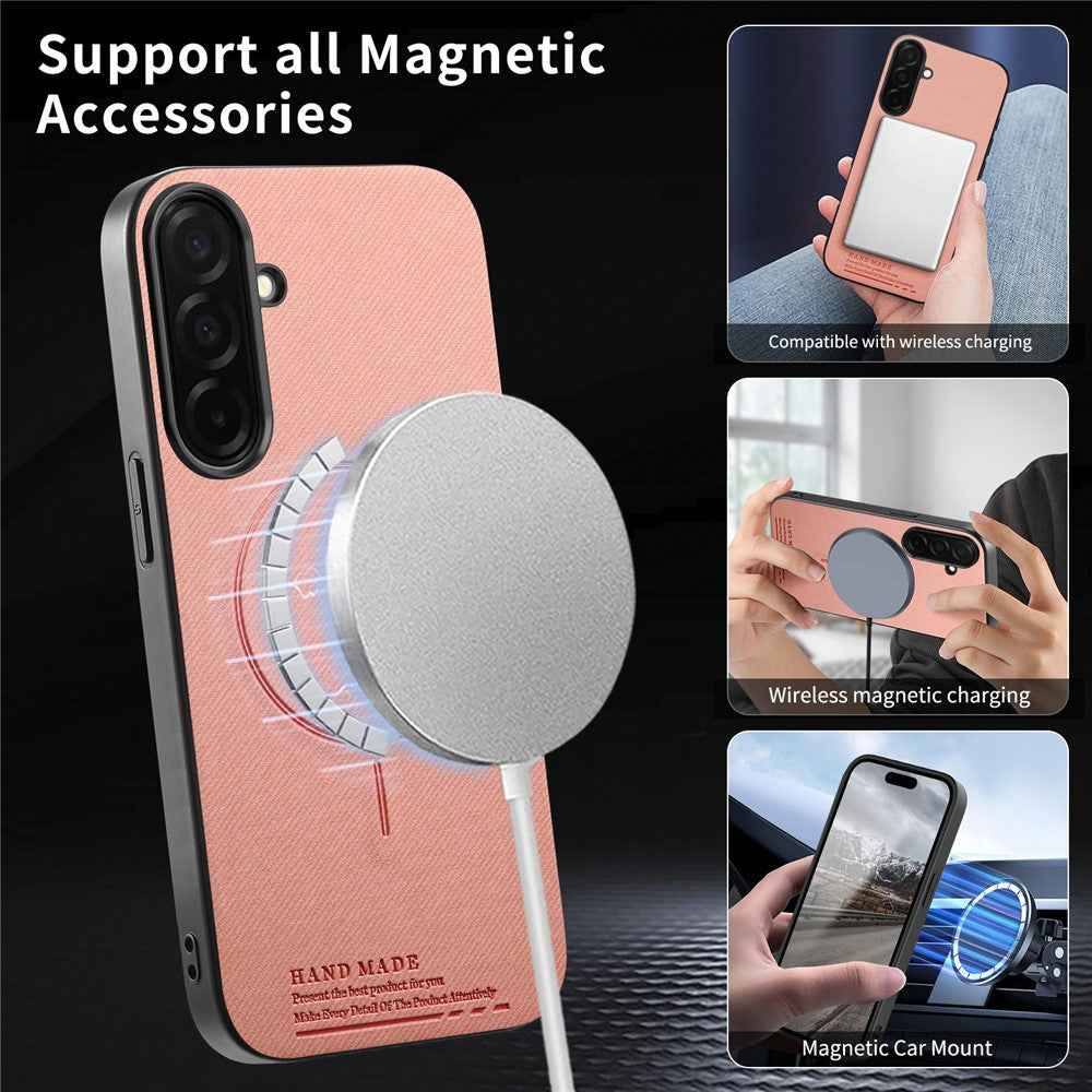 For Samsung Galaxy A57 5G Magnetic Case Cloth Texture PC + TPU + PU Leather Anti-Scratch Phone Cover - Pink