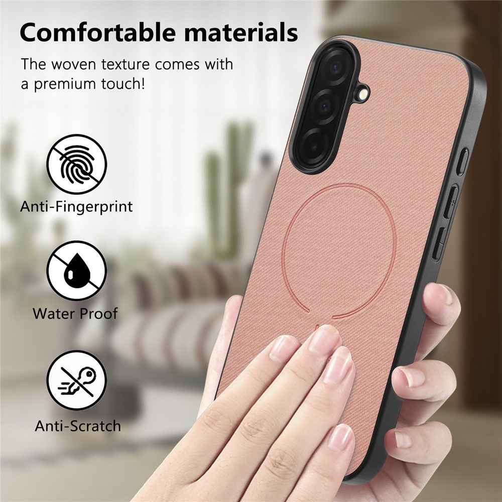 For Samsung Galaxy A57 5G Magnetic Case Cloth Texture PC + TPU + PU Leather Anti-Scratch Phone Cover - Pink