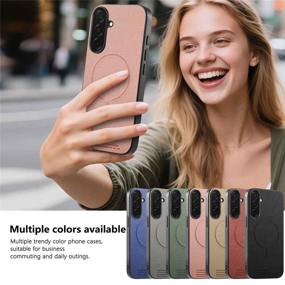 For Samsung Galaxy A57 5G Magnetic Case Cloth Texture PC + TPU + PU Leather Anti-Scratch Phone Cover - Pink