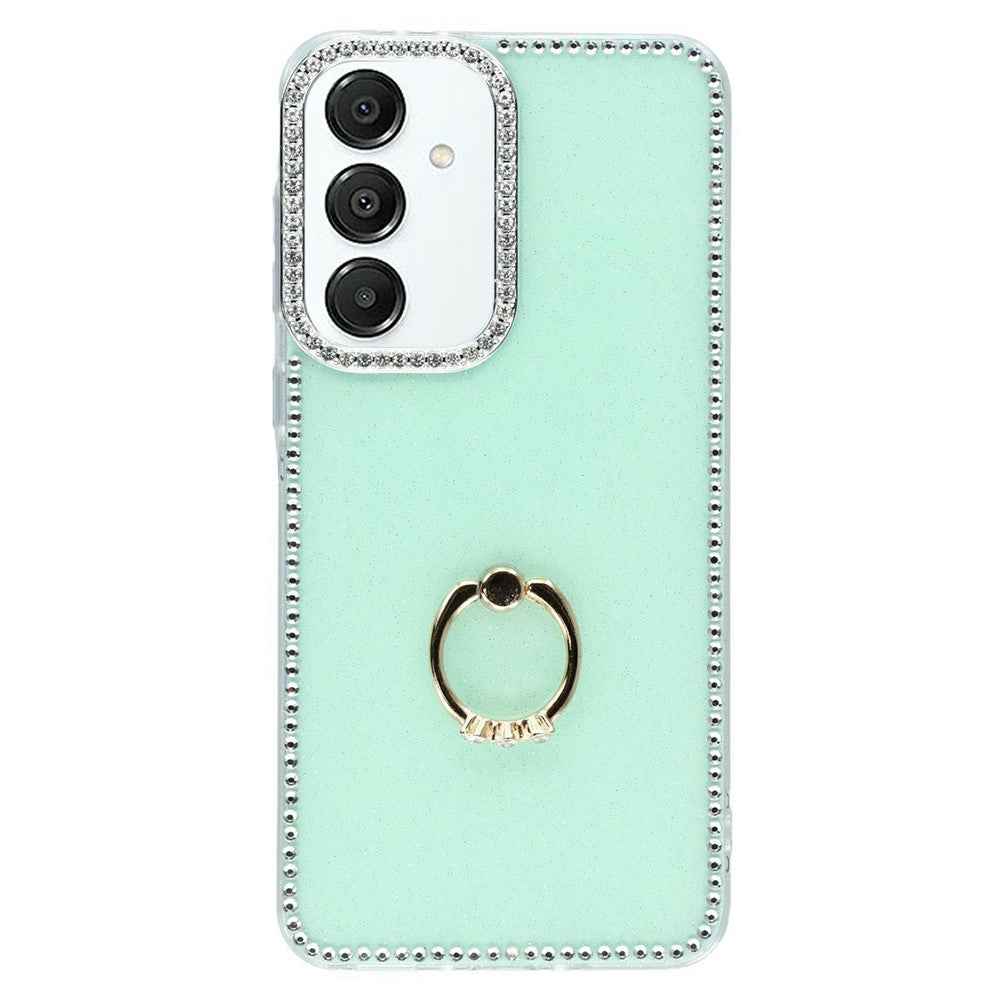 For Samsung Galaxy A57 5G Case with Ring Kickstand Rhinestone Edge TPU + PC IMD Phone Cover - Glitter Light Green